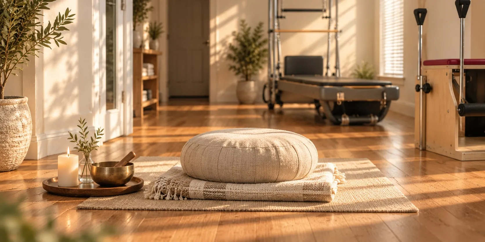 The studio in morning light: a meditation cushion and singing bowl on the wood floor, the reformer and tower behind.